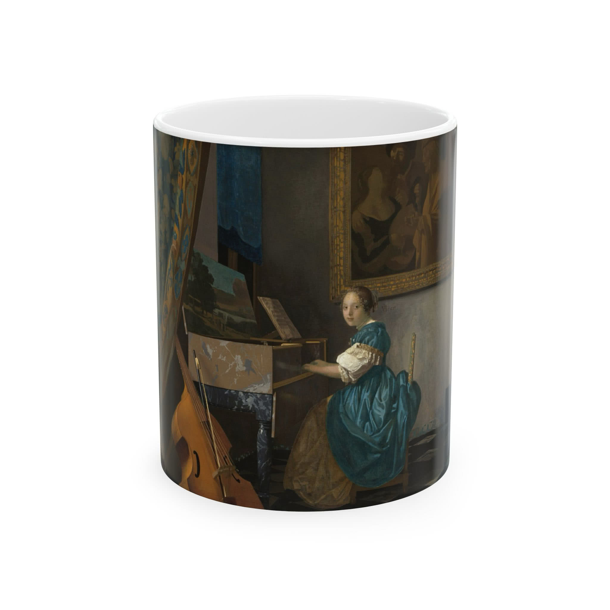 A Young Woman Seated at a Virginal Mug – Johannes Vermeer