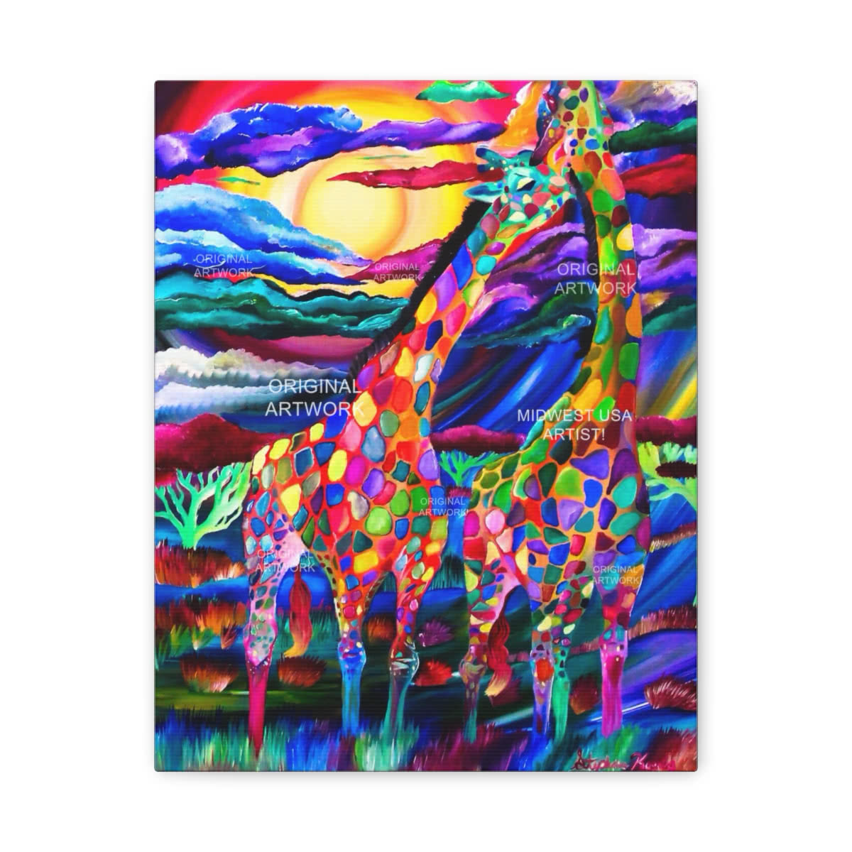 Giraffes at Sunset Fantasy Canvas Wall Art