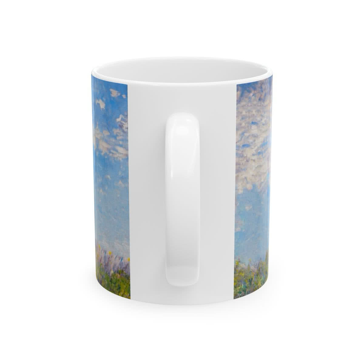 White ceramic mug printed with Claude Monet’s Woman with a Parasol, showing Camille Monet and her son.