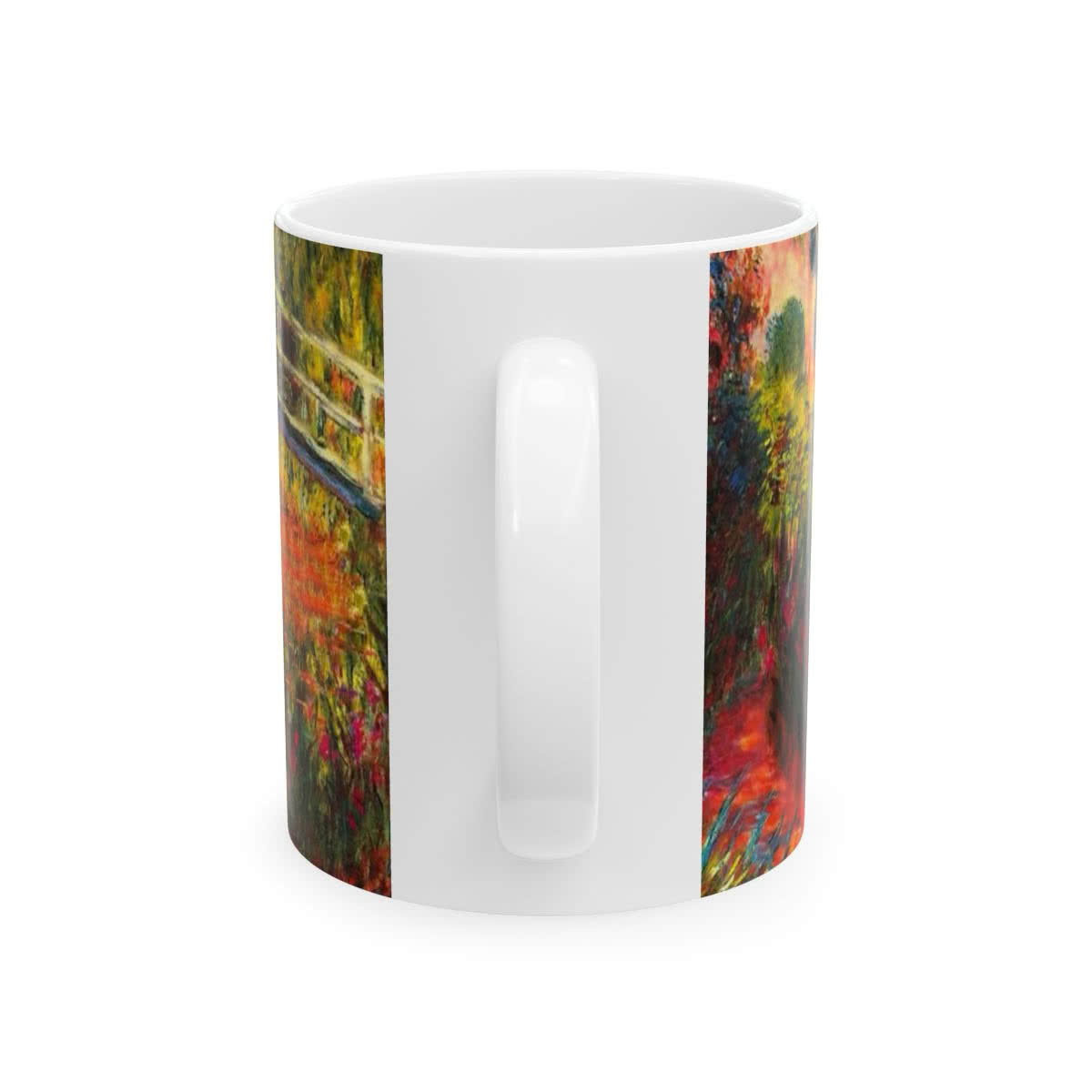 White ceramic mug printed with Claude Monet’s Water-Lily Pond, Water Irises and Japanese bridge.