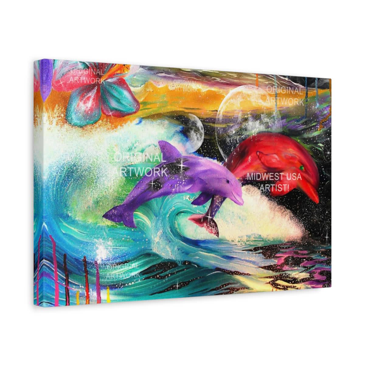 Cosmic Dolphin Dance Fantasy Canvas Wall Art