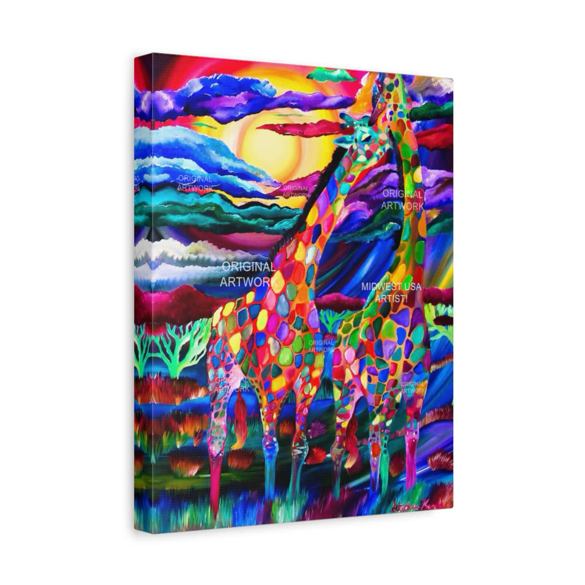 Giraffes at Sunset Fantasy Canvas Wall Art
