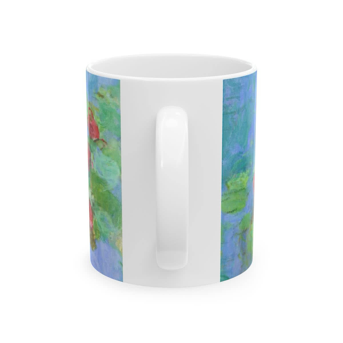 White ceramic mug printed with Claude Monet water lilies in blue, green, and pink.