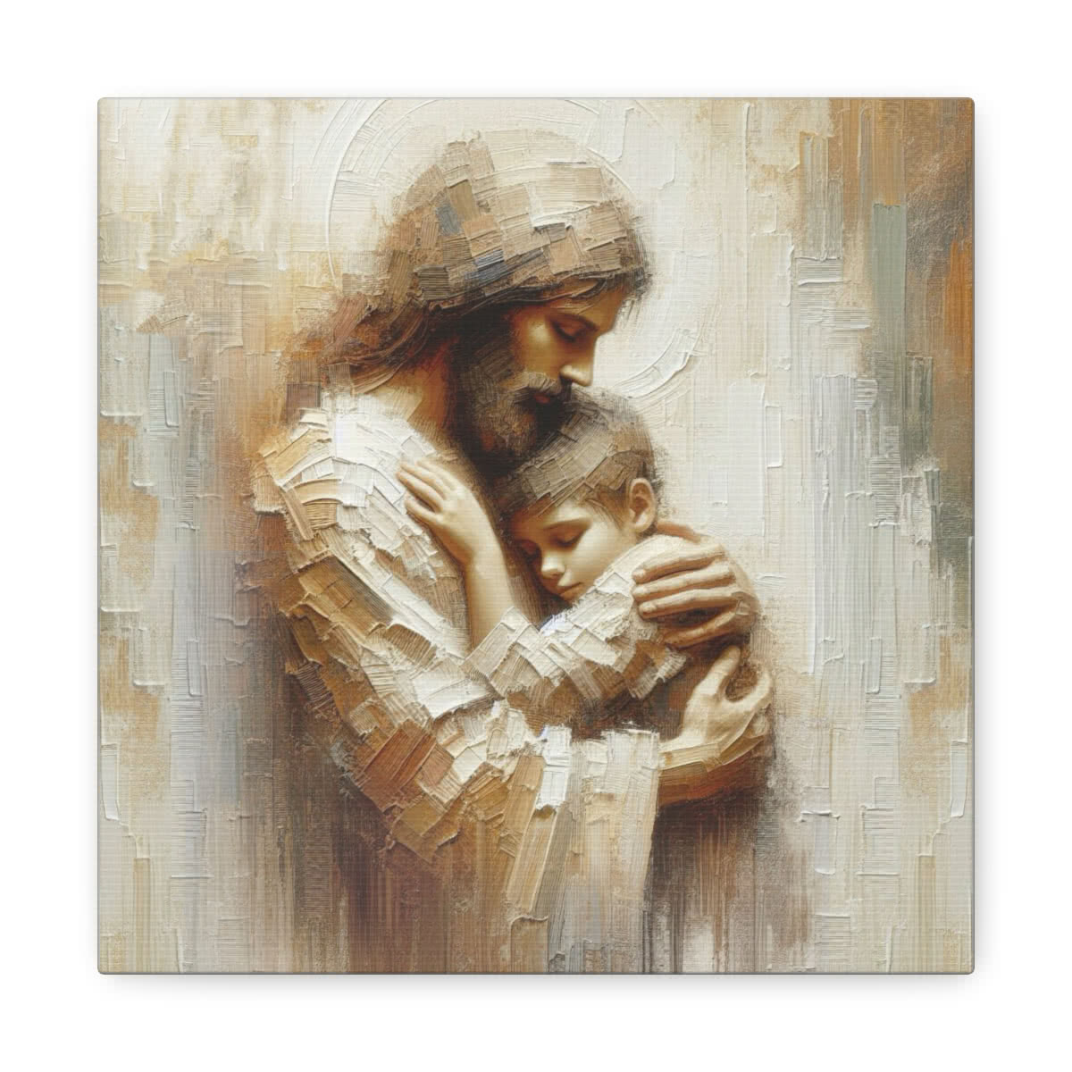 Child Safe in His Arms: Jesus Embracing a Boy Canvas Wall Art