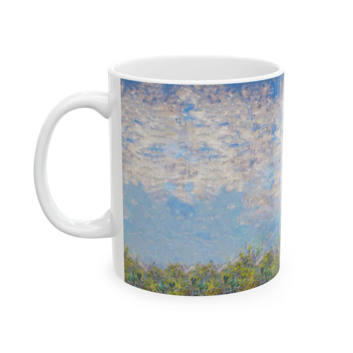 White ceramic mug printed with Claude Monet’s Woman with a Parasol, showing Camille Monet and her son.