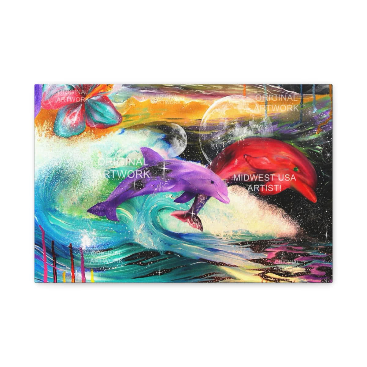 Cosmic Dolphin Dance Fantasy Canvas Wall Art