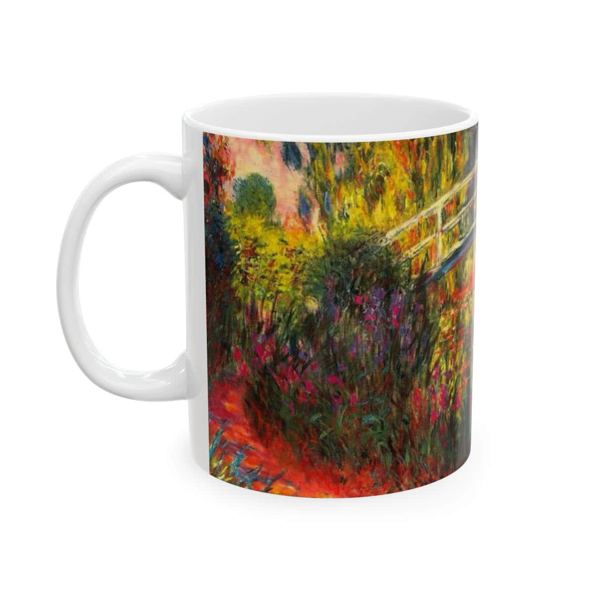 White ceramic mug printed with Claude Monet’s Water-Lily Pond, Water Irises and Japanese bridge.