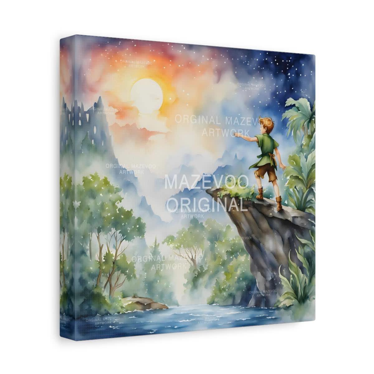 Peter Pan: Neverland at Dusk Watercolor Storybook Canvas Wall Art