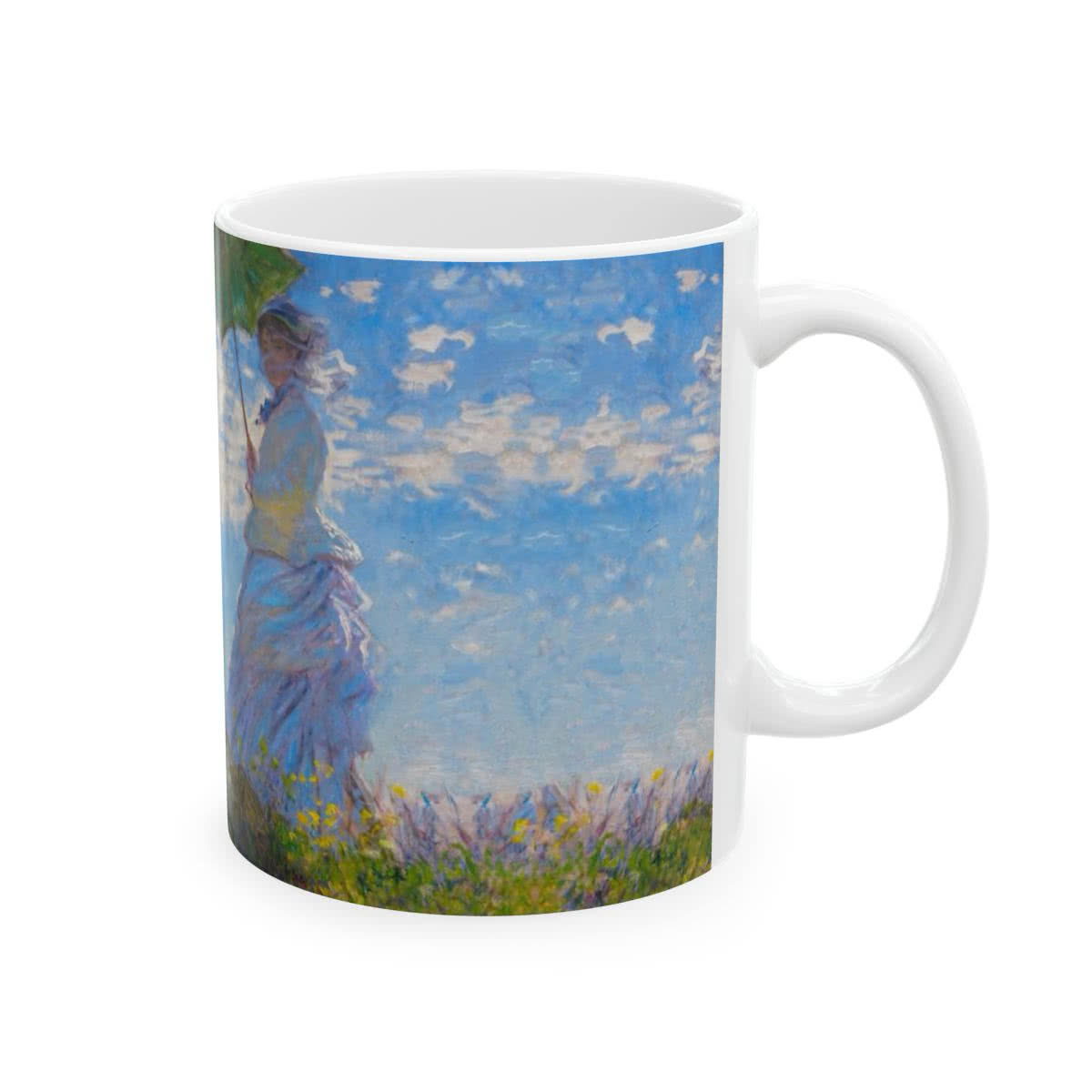 White ceramic mug printed with Claude Monet’s Woman with a Parasol, showing Camille Monet and her son.
