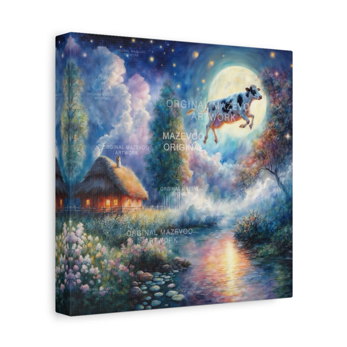 Cow Jumps Over the Moon: Midnight Meadow Storybook Canvas Wall Art